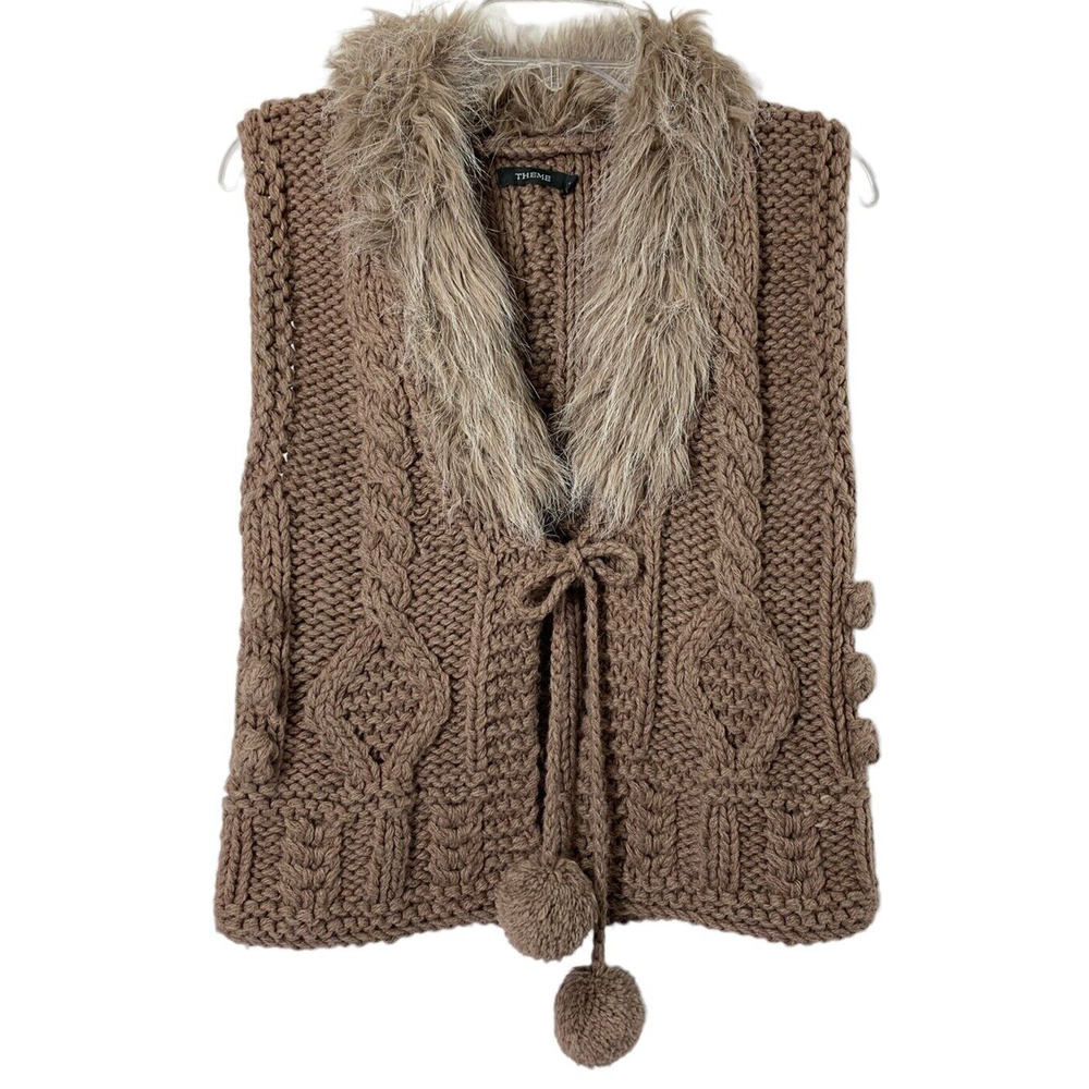 Crochet Sweater Vest Womens Medium Faux Fur Collar Brown Wool Acrylic Pom Poms‎